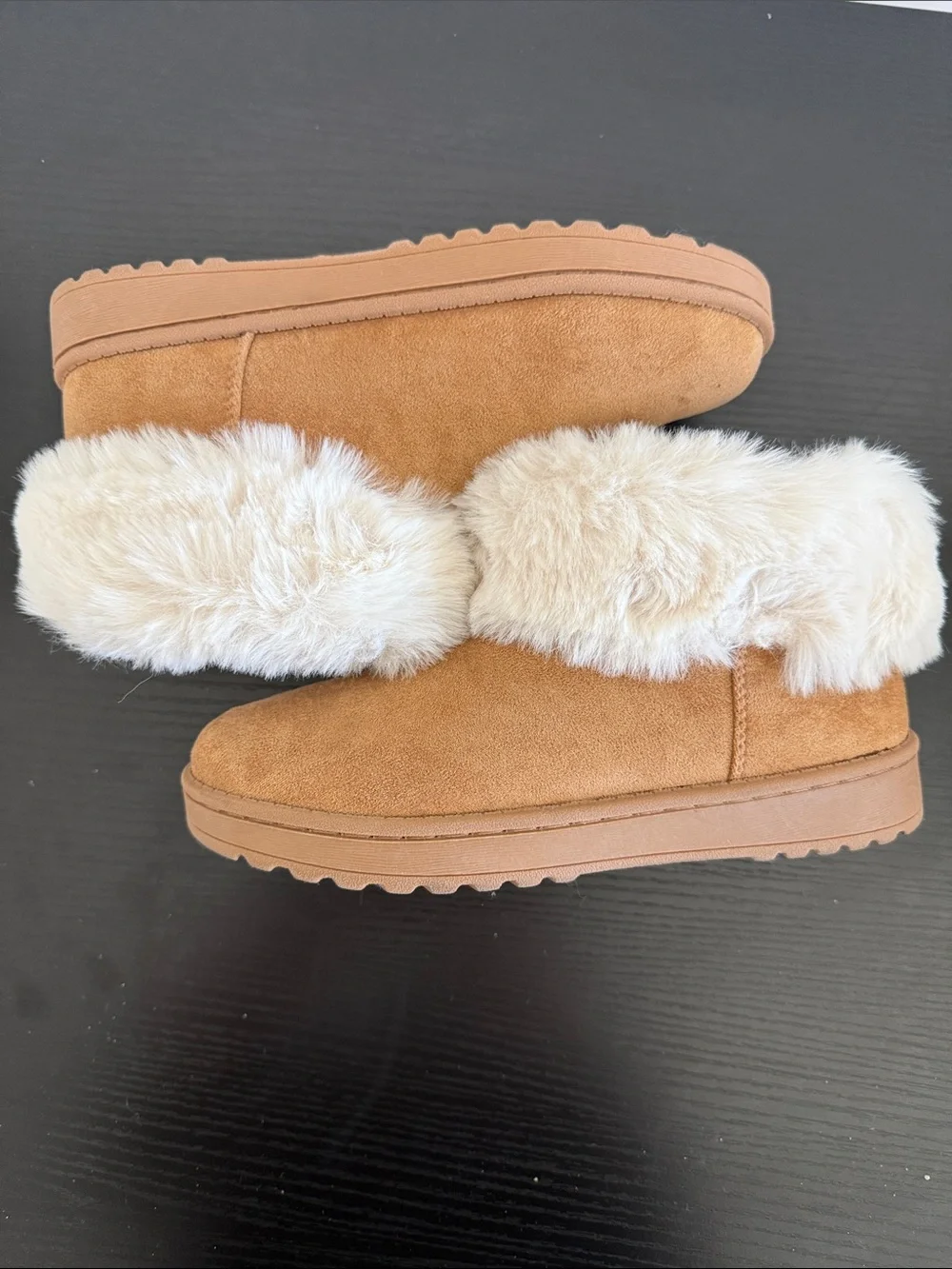 Kids Faux Fur-Lined Slipper Boots in Tan and Cream